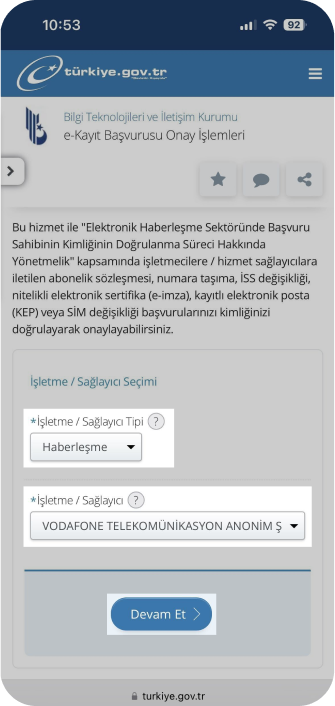 "Haberleşme" ve "Vodafone" seçeneklerini seçin