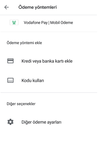 "Ödeme Yöntemi Ekle" başlığı altında "Vodafone Pay | Mobil Ödeme" seçilir.