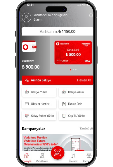 Vodafone Pay uygulaması ana sayfasında bulunan «Anında Bakiye, Hemen al!» butonuna tıkla.