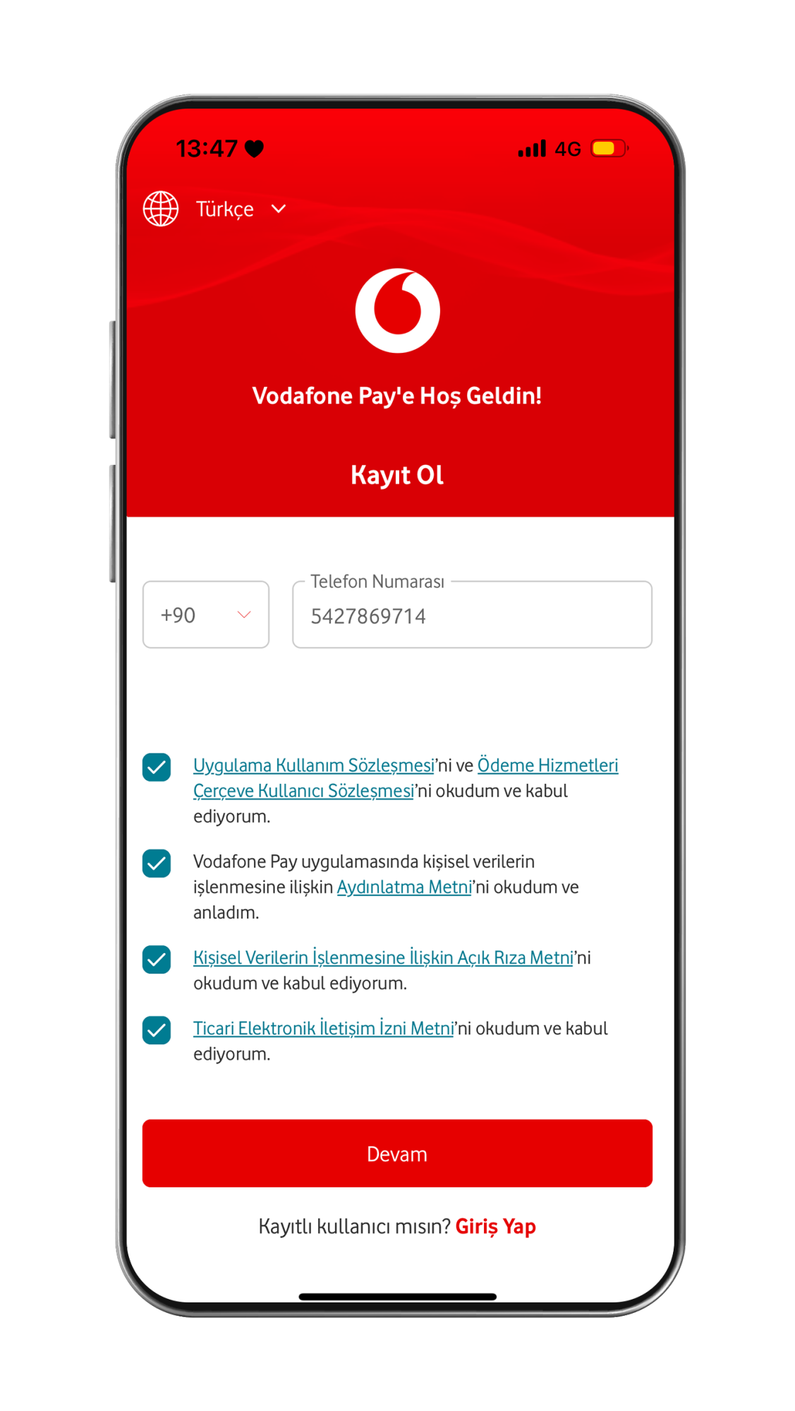 Vodafone Pay uygulamasına kayıt olun.