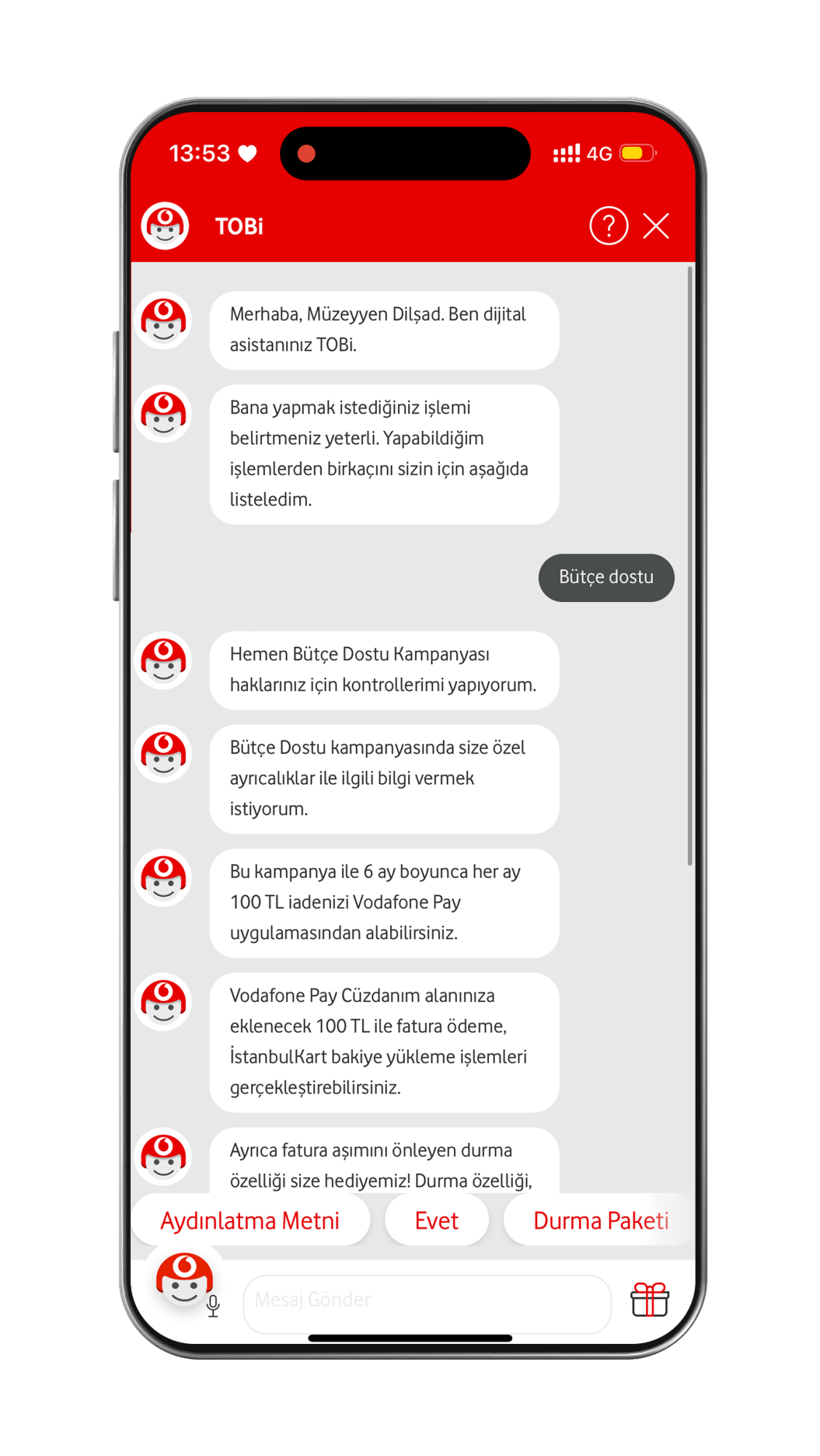 Size iletilen SMS’teki linke tıklanarak TOBi’ye bağlanın.