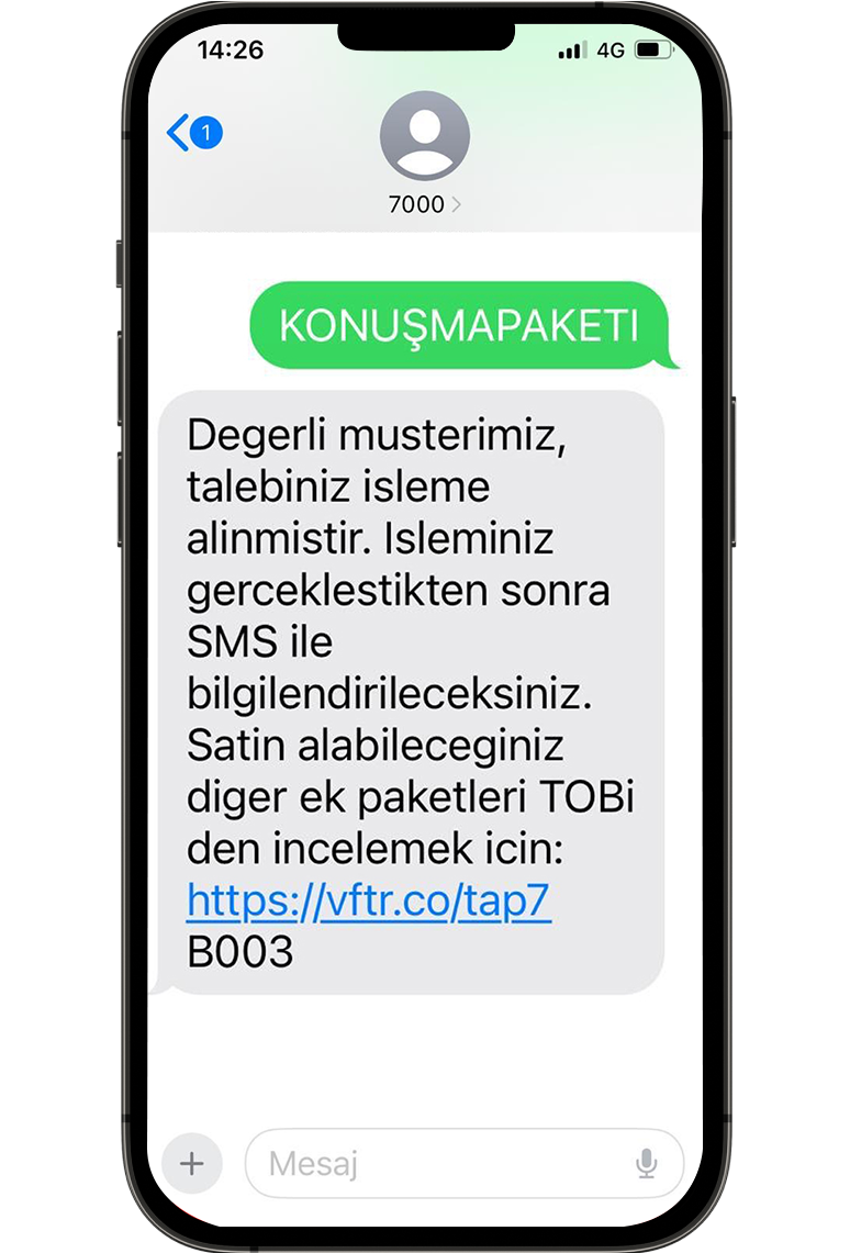Alıcı kısmına «7000» yazarak mesajı gönderin.