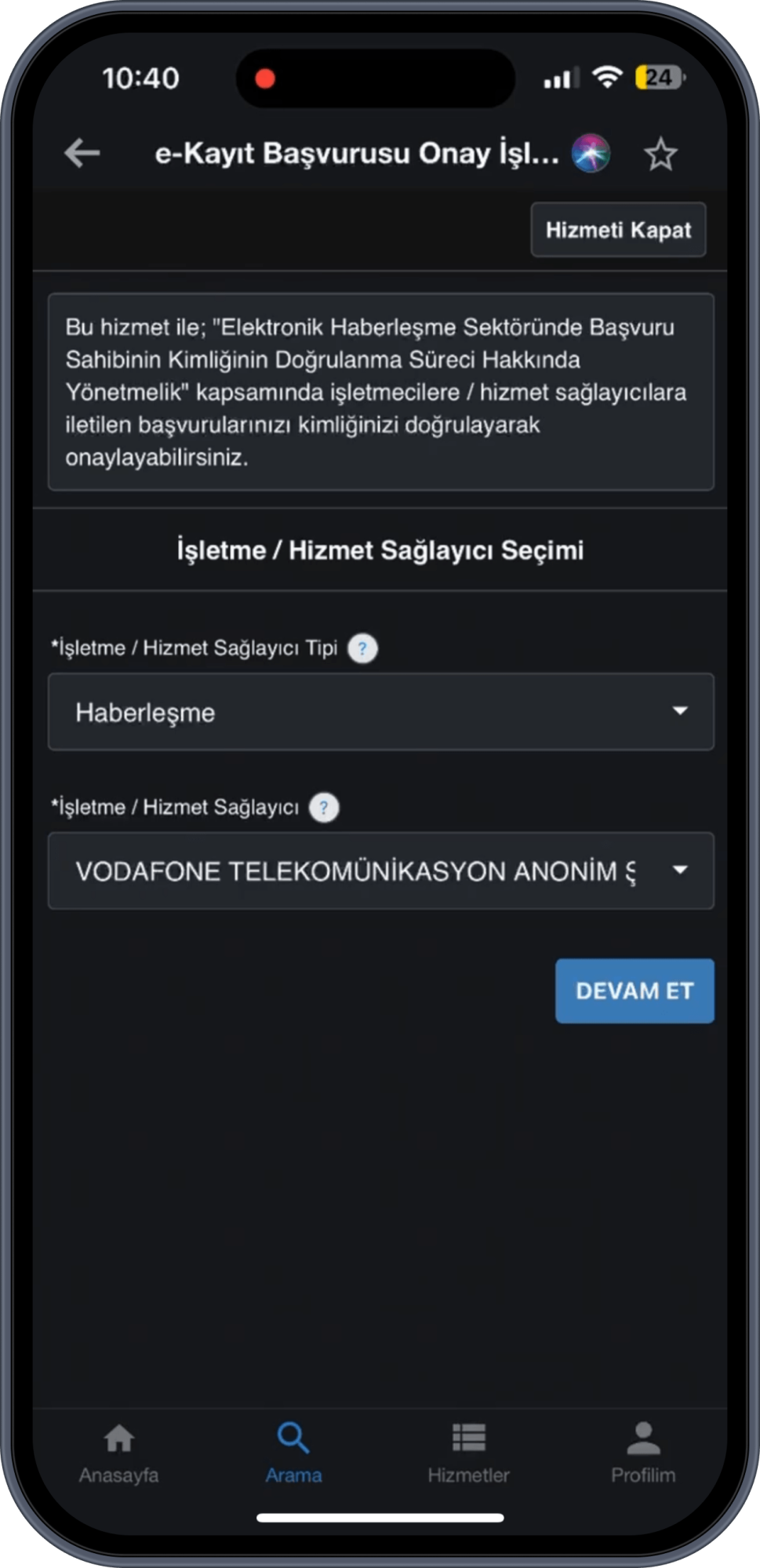 "Haberleşme" ve "Vodafone Telekomünikasyon Anonim Şirketi" seçeneklerini seçin