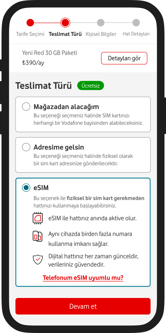 Teslimat seçenekleri içerisinden eSIM seçilir.