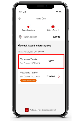 Vodafone Pay’de ödeyeceğiniz telefon faturanızı seçin